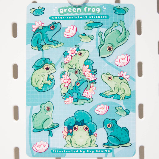 Playful Green Frog Illustrated Vinyl Sticker Sheet