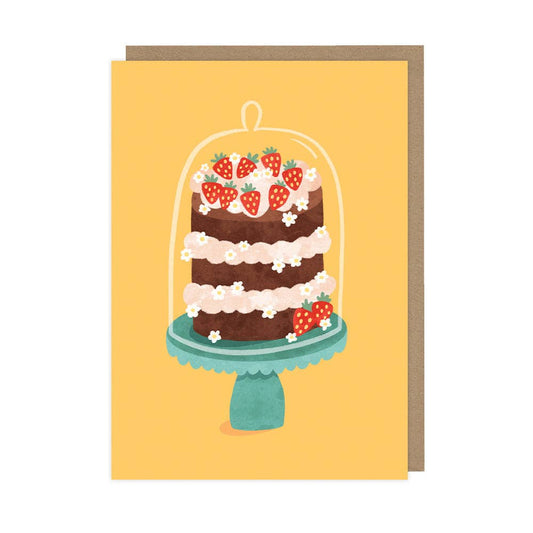 Greeting card with a cake illustration on a yellow background