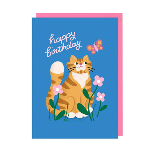 Birthday card with a cat illustration on a blue background