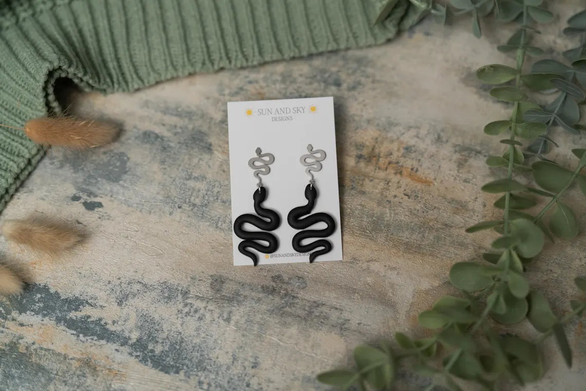 Black Snake with Silver Snake Stud - Earrings