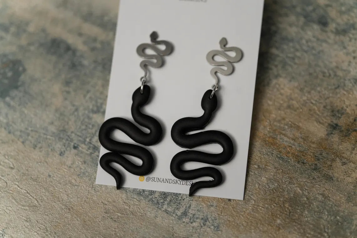 Black Snake with Silver Snake Stud - Earrings