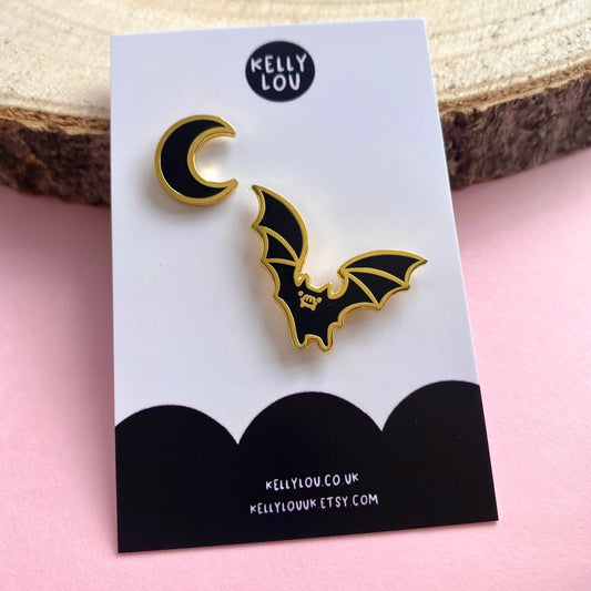 Bat & Crescent Moon - Enamel Pin Set